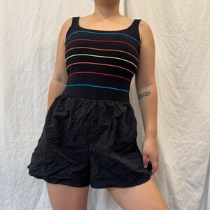 Vintage Gabar 80s Rainbow Stripe Swim Romper One Piece Black Size 10